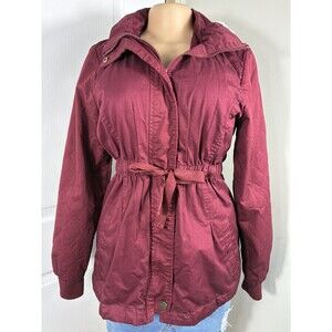 Rue 21 Women Jacket Sz M Winter Coat Red Sherpa Hood waist drawstring warm